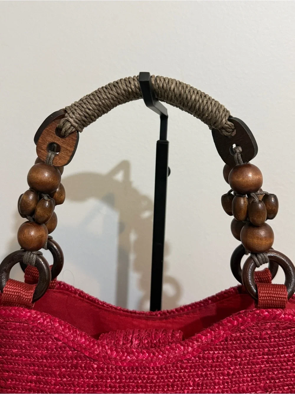 Vintage Red Woven Rattan Tote Bag Wood Beaded Handle Top Handle Boho Retro Purse